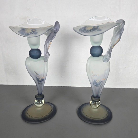 Ion Tamaian Other - Ion Tamaian Signed Studio Art Glass Candle Holders Pair Frosted Blue Gold Gilt